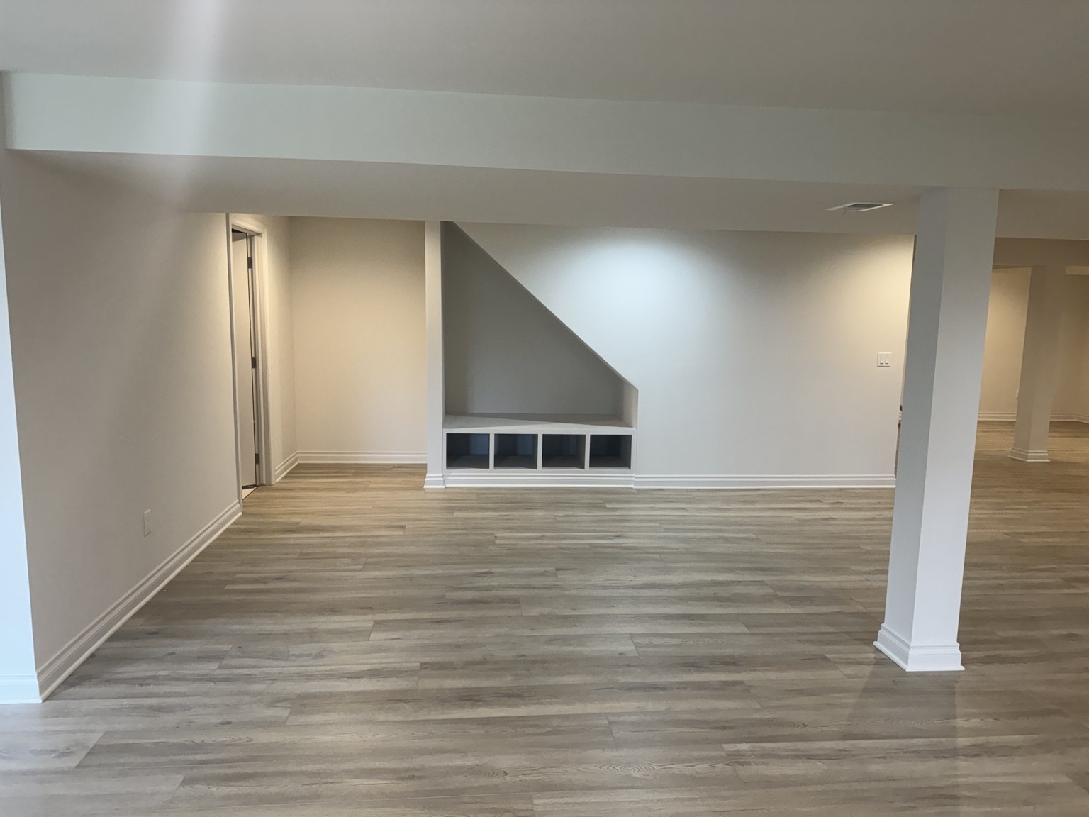 Finished basement with custom storage beneath the staircase